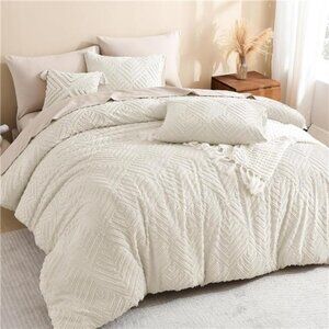King Size Comforter Set Beige, 3 Pieces Cream Tufted Boho Farmhouse